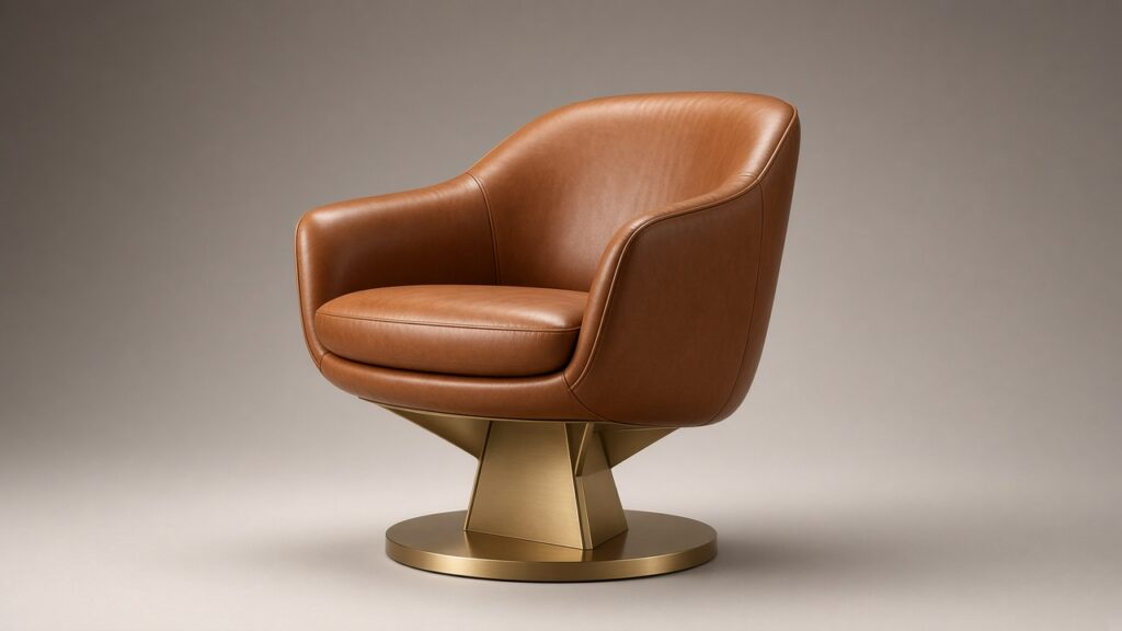 Sculptural designer armchair in cognac leather and brushed brass, isolated on a
