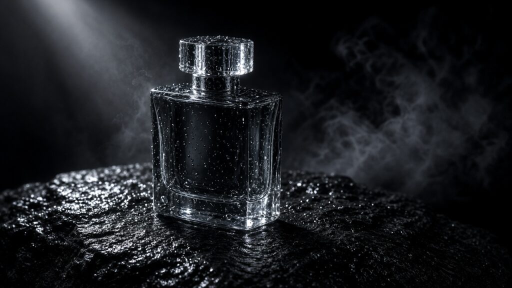 Luxury perfume bottle on wet black stone, dramatic single beam of light, driftin