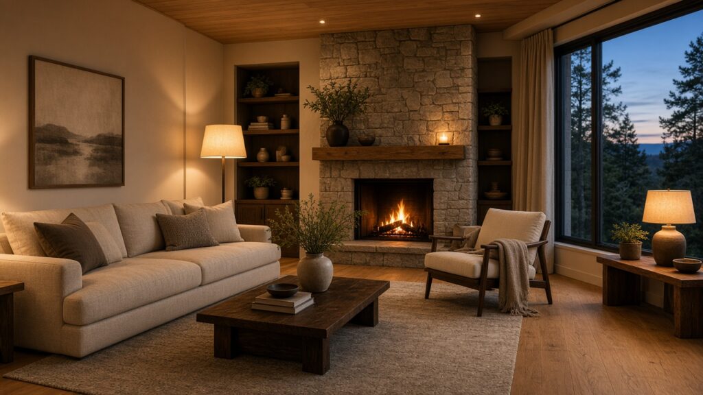 Warm contemporary living room interior at dusk, oak floor, linen sofa, stone fir
