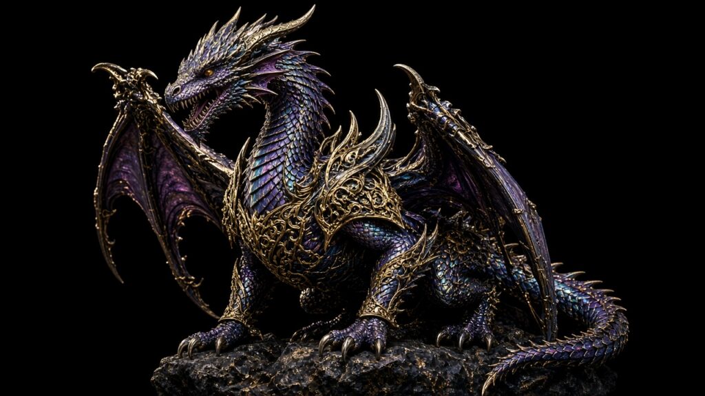 Highly detailed fantasy creature sculpture, ornate armoured dragon with iridesce