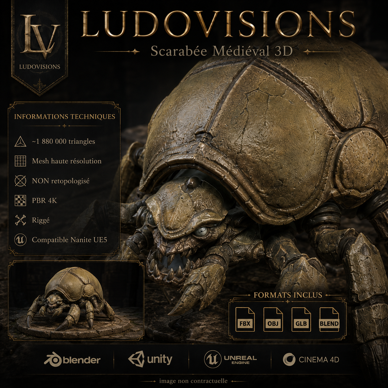 Scarabée 3D Riggé – Asset Numérique PBR 4K – LudoVisions | Blender FBX OBJ GLB Unity Unreal – Image 4