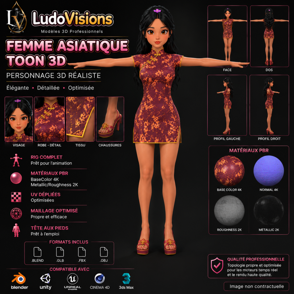 Personnage 3D Cartoon Riggé Femme Cheongsam – Ludovisions Toon 3D 3