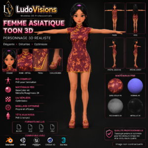 Personnage 3D Cartoon Riggé Femme Cheongsam – Ludovisions Toon 3D 3