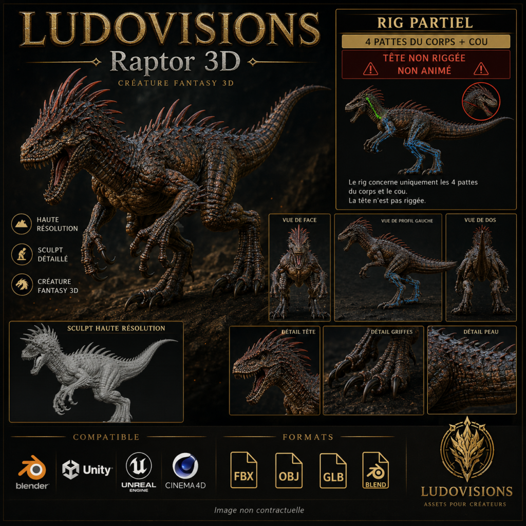 Fantasy Raptor Creature – High Resolution Partially Rigged 3D Model