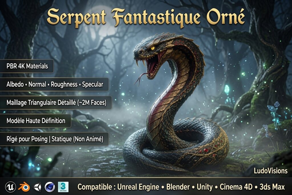Serpent Géant 3D – Personnage Méchant Rigé | PBR 4K | GLB FBX OBJ Blender | Légende de Thor 2