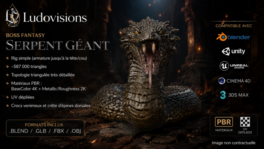 Serpent Géant – Modèle 3D Boss Fantasy rigé avec textures PBR 4K