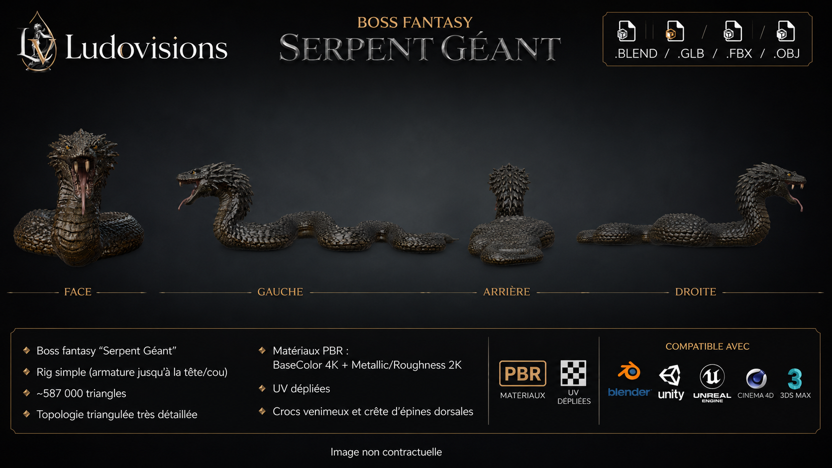 Serpent Géant – Modèle 3D Boss Fantasy rigé avec textures PBR 4K – Image 2