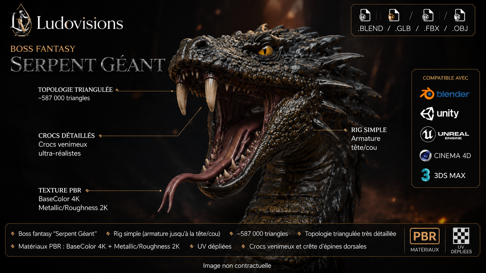 Serpent Géant – Modèle 3D Boss Fantasy rigé avec textures PBR 4K – Image 3