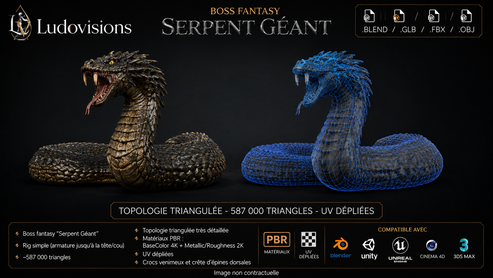 Serpent Géant – Modèle 3D Boss Fantasy rigé avec textures PBR 4K – Image 4