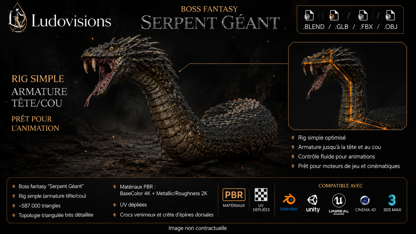 Serpent Géant – Modèle 3D Boss Fantasy rigé avec textures PBR 4K – Image 5