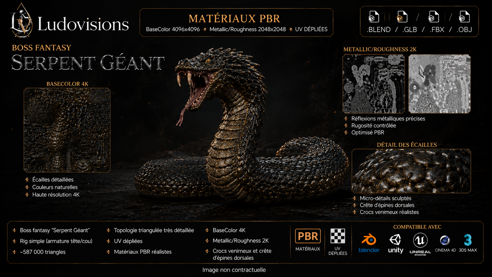 Serpent Géant – Modèle 3D Boss Fantasy rigé avec textures PBR 4K – Image 7