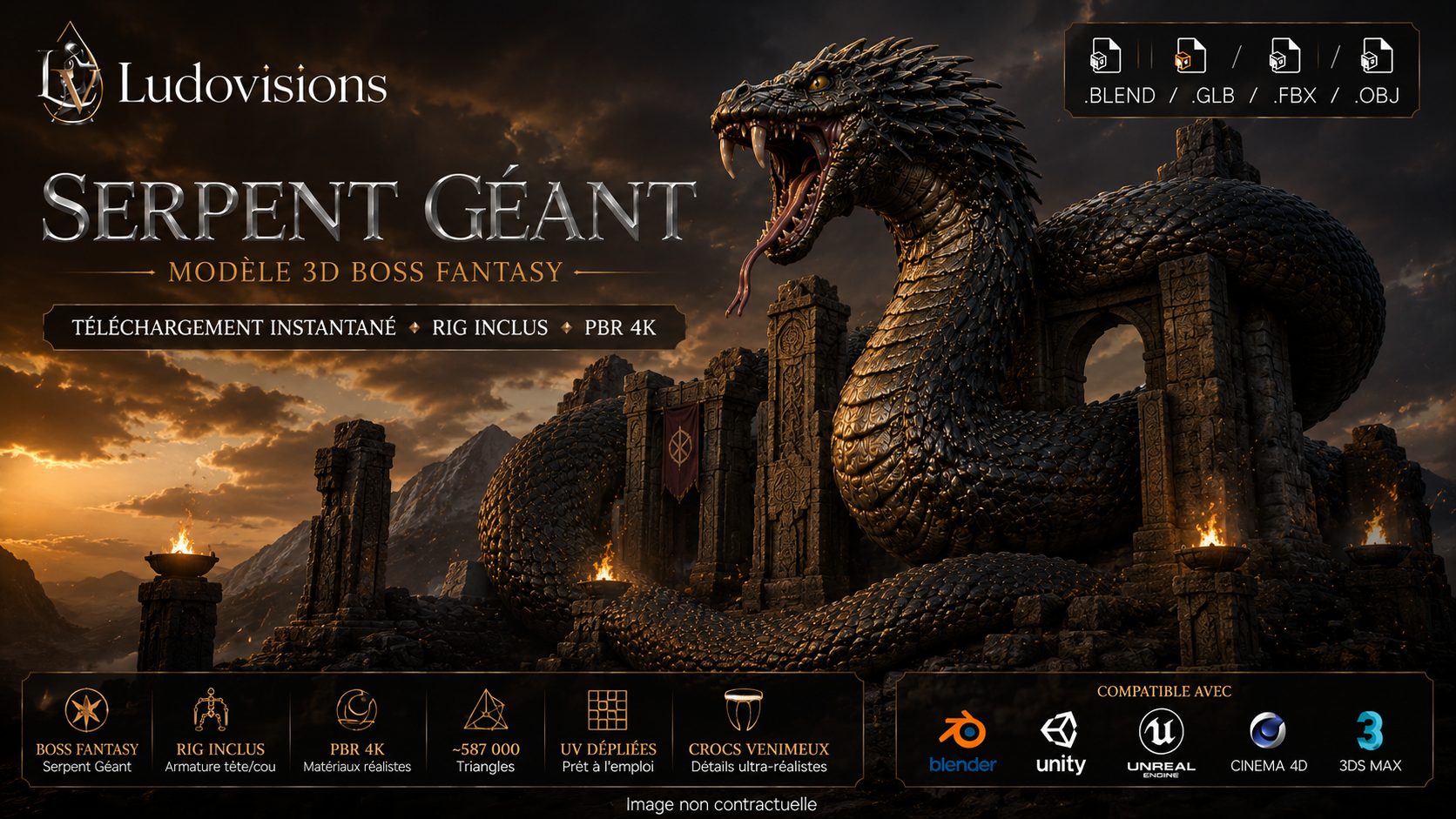Serpent Géant – Modèle 3D Boss Fantasy rigé avec textures PBR 4K – Image 8