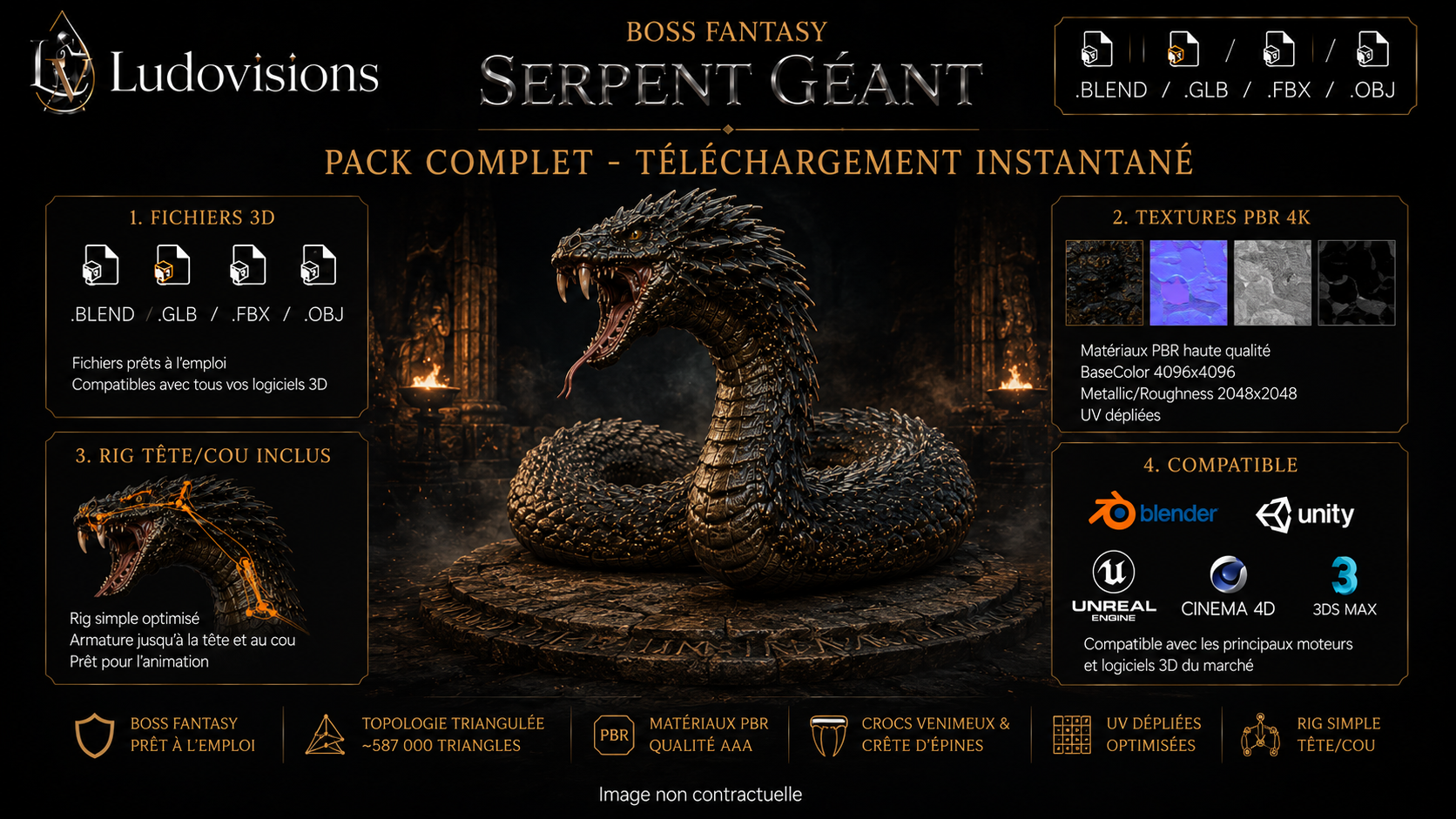 Serpent Géant – Modèle 3D Boss Fantasy rigé avec textures PBR 4K – Image 10