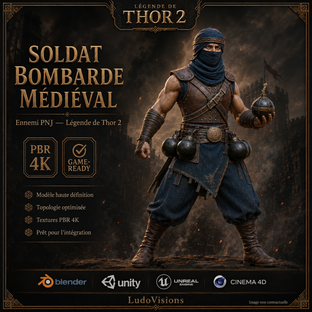Soldat Bombarde Médiéval 3D – Personnage Game-Ready PBR 4K – Légende de Thor