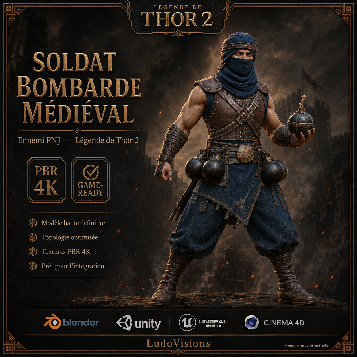 Soldat Bombarde Médiéval 3D – Personnage Game-Ready PBR 4K – Légende de Thor