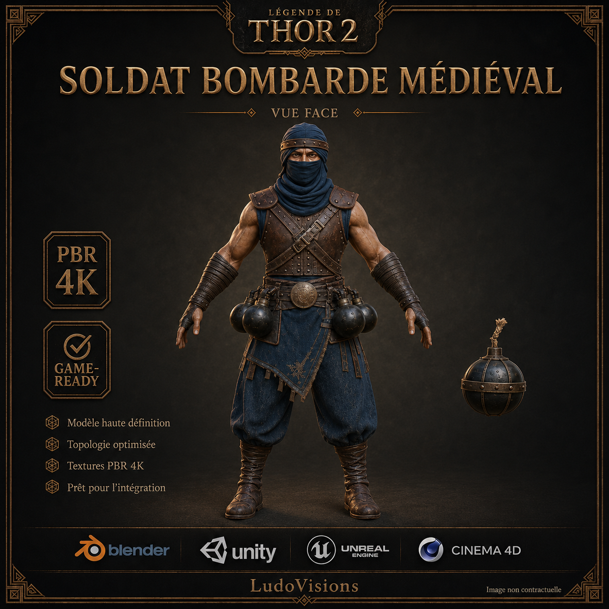 Soldat Bombarde Médiéval 3D – Personnage Game-Ready PBR 4K – Légende de Thor – Image 3