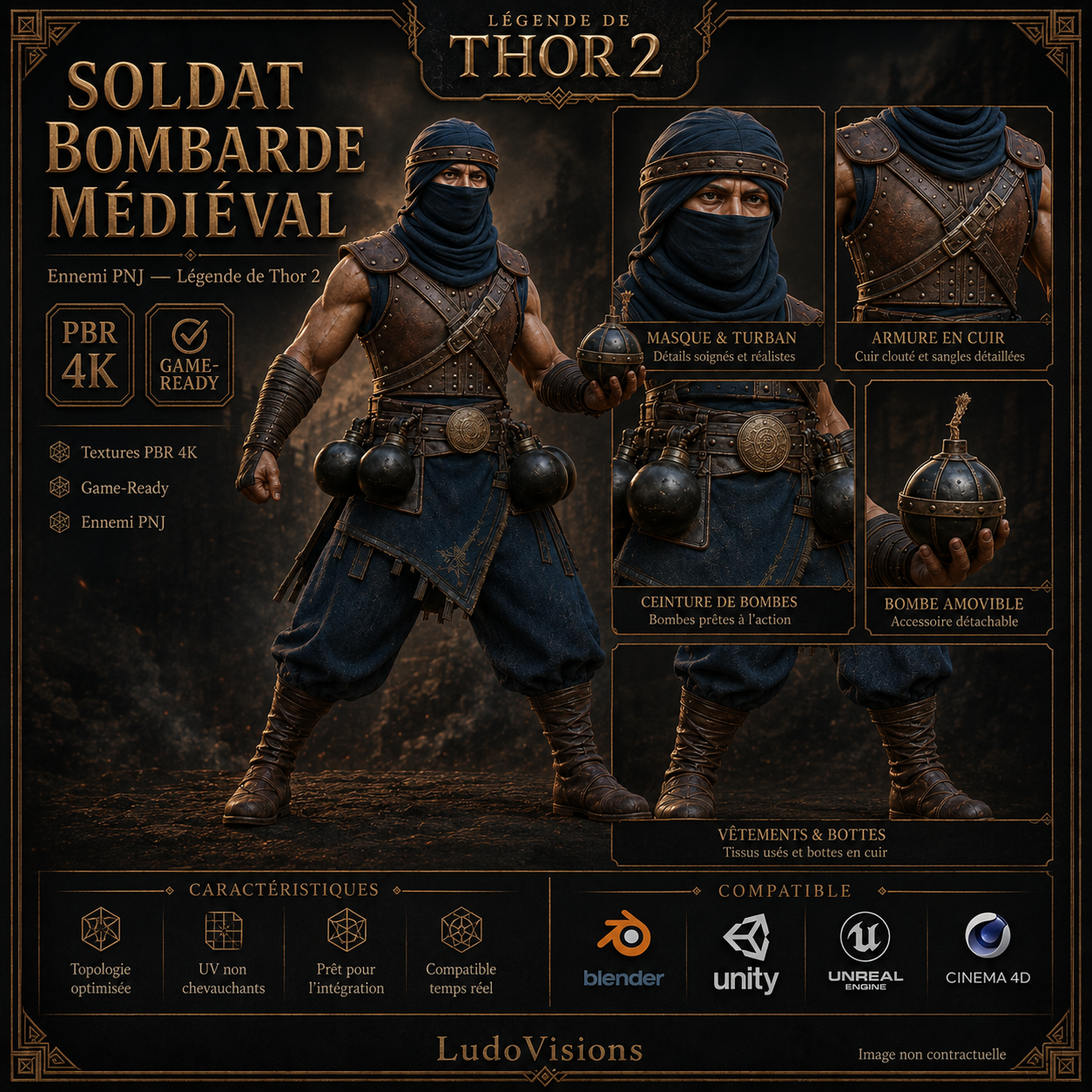 Soldat Bombarde Médiéval 3D – Personnage Game-Ready PBR 4K – Légende de Thor – Image 7