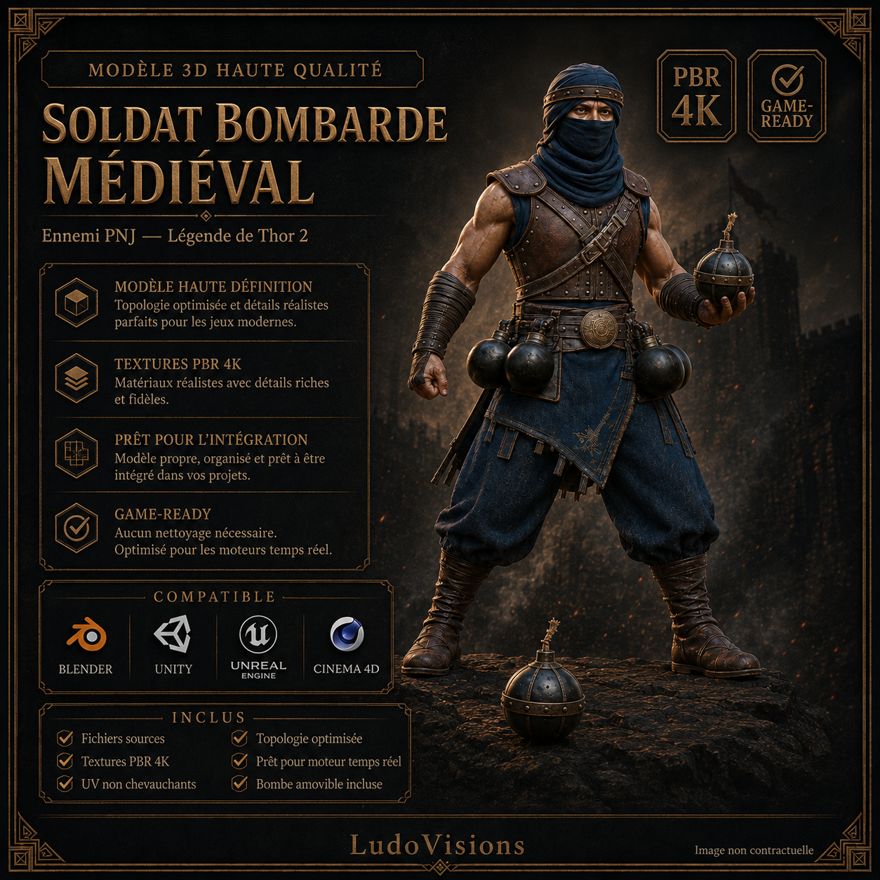 Soldat Bombarde Médiéval 3D – Personnage Game-Ready PBR 4K – Légende de Thor – Image 9