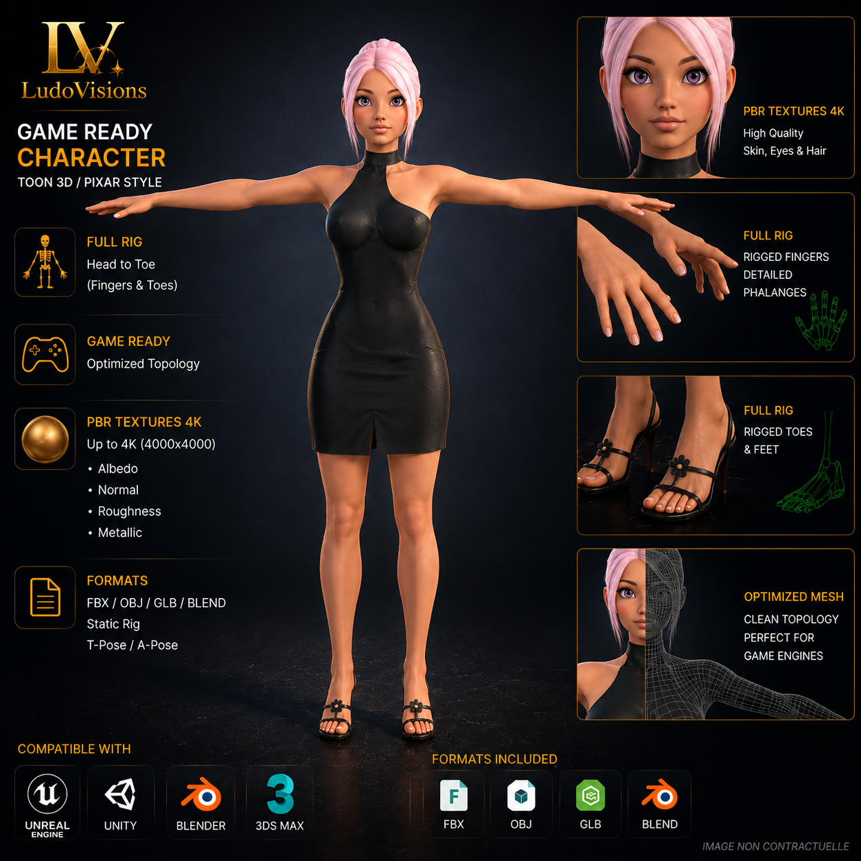 Personnage 3D Féminin Cartoon Asiatique – Game-Ready | Textures PBR 4K | FBX OBJ GLB BLEND – Image 2