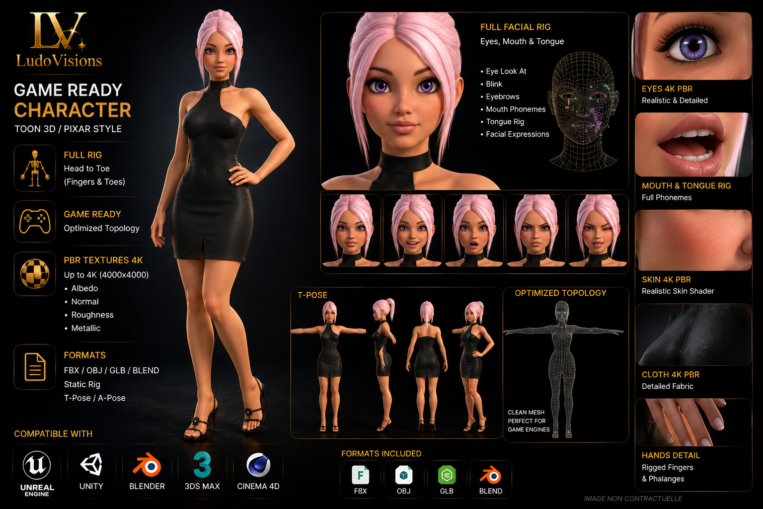 Personnage 3D Féminin Cartoon Asiatique – Game-Ready | Textures PBR 4K | FBX OBJ GLB BLEND – Image 10
