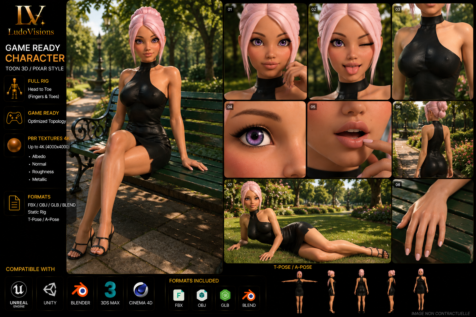 Personnage 3D Féminin Cartoon Asiatique – Game-Ready | Textures PBR 4K | FBX OBJ GLB BLEND – Image 6