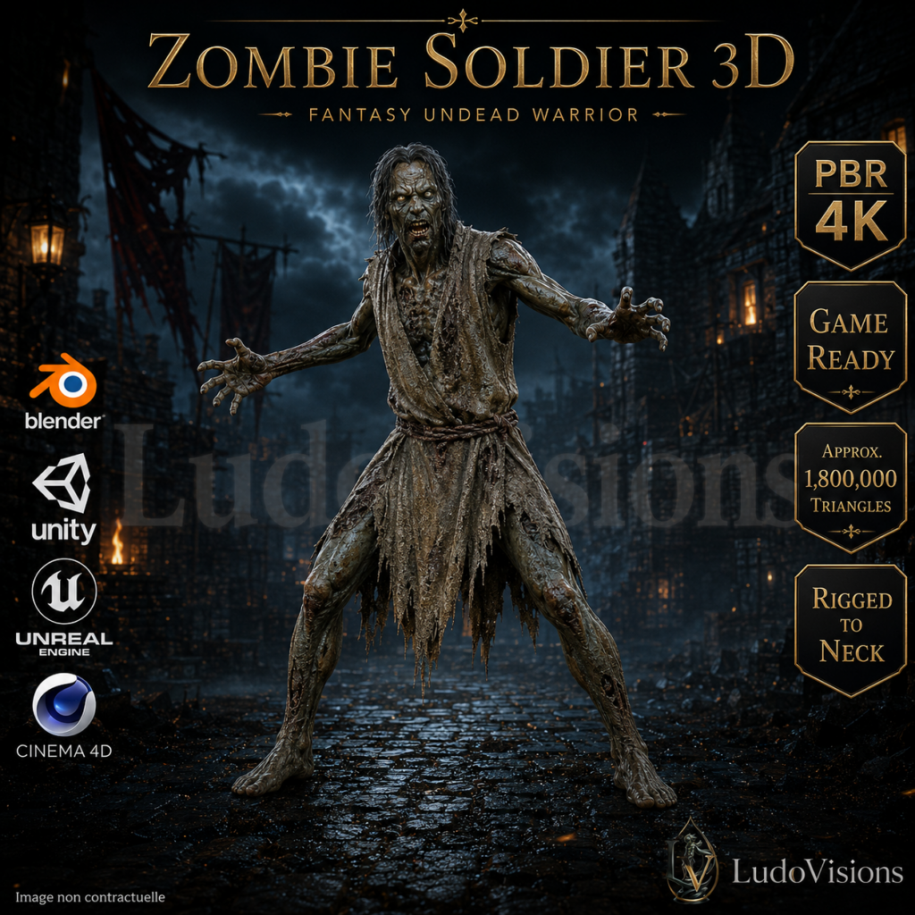 Zombie Soldat 3D – Personnage Riggé PBR 4K | GLB FBX OBJ Blender | Game-Ready