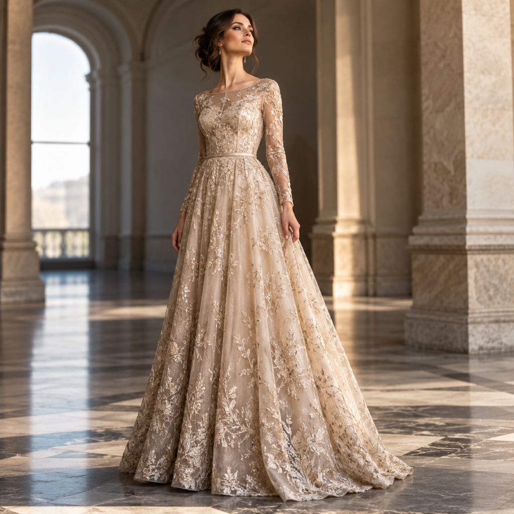 Mannequin en robe de soirée dorée dans un hall