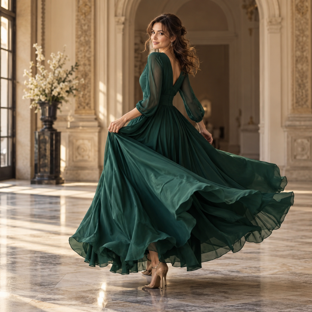 Robe verte en mouvement, tissu fluide