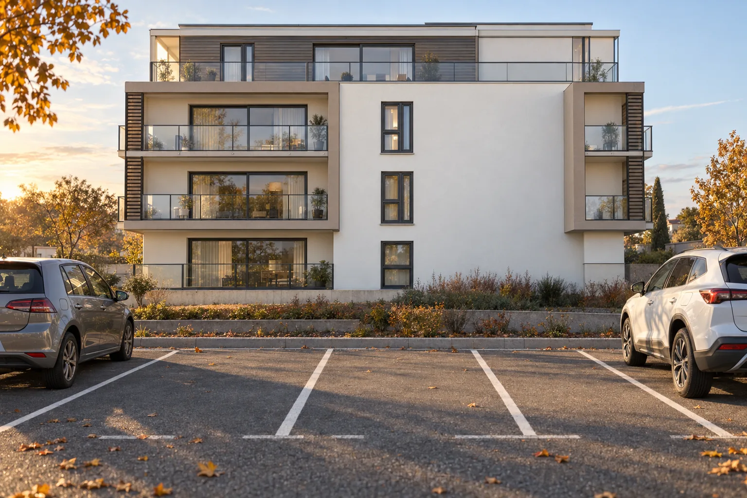 Façade en lumière d'automne, ambiance coucher de soleil