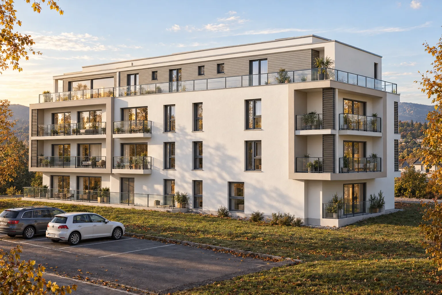 Bâtiment F, vue 3/4 côté parking