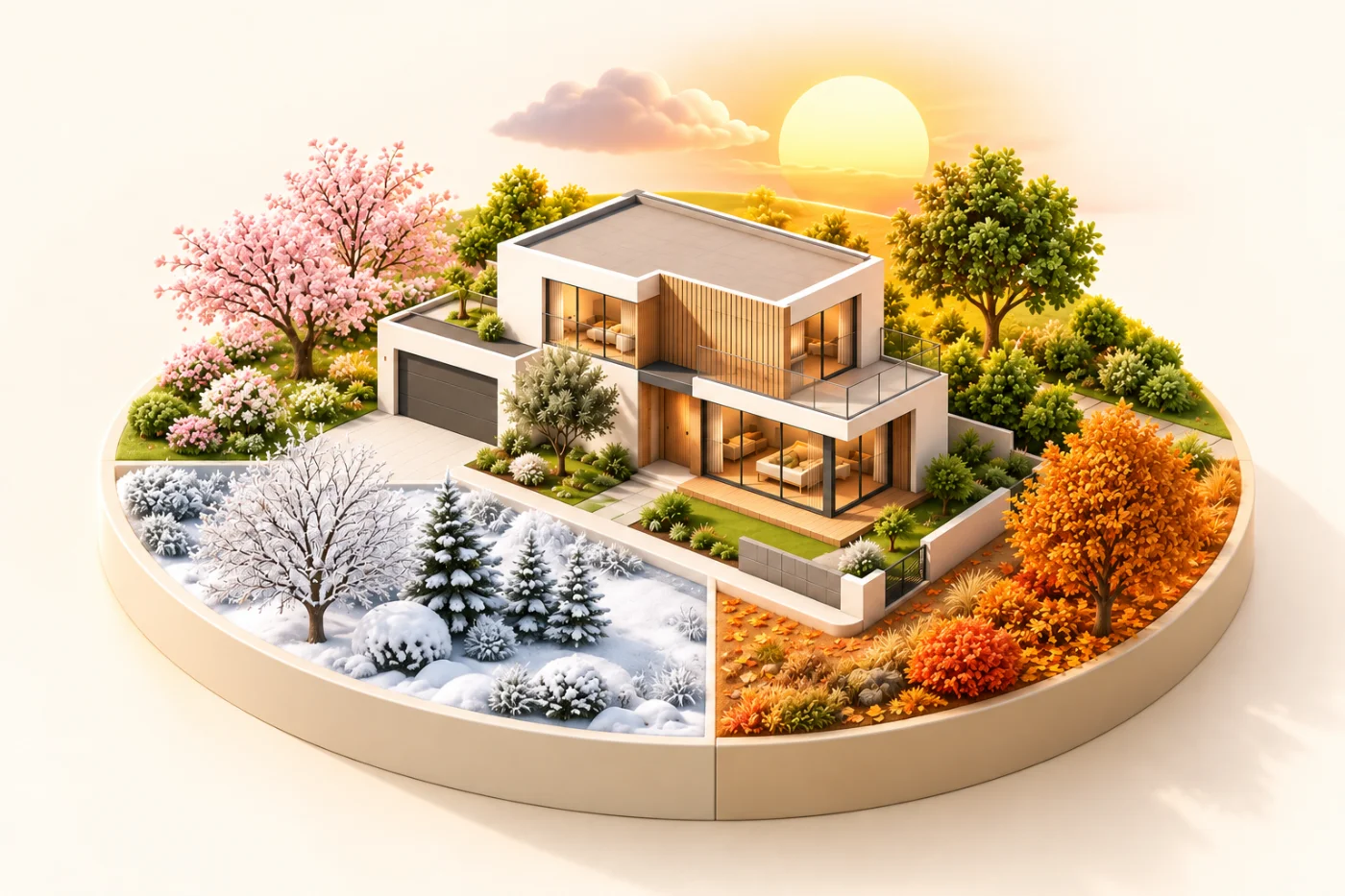 Illustration : une maquette entourée des quatre saisons